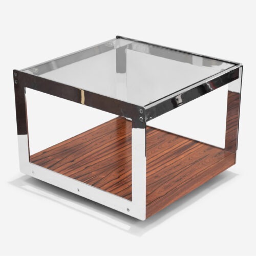 Pair of Chrome Wood and Glass End Tables